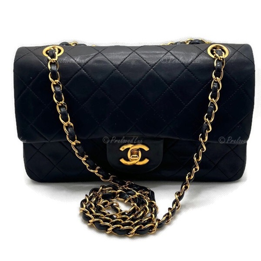 Authentic Chanel Lambskin Small Black Classic Double Flap Bag Gold hardware